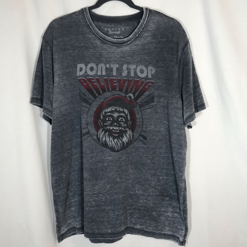 Lucky Brand Don’t Stop Believing Santa Burnout Tee